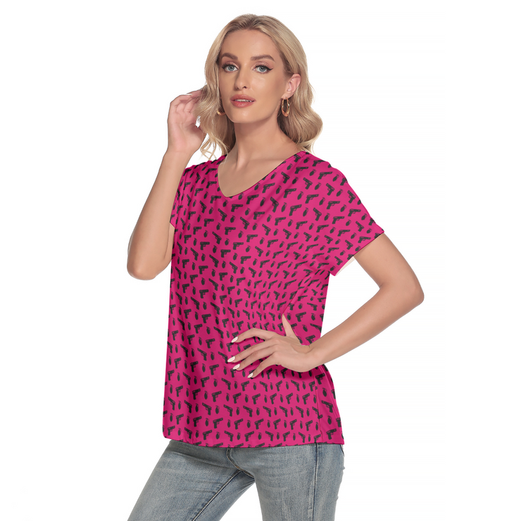 [[ Pistol Print ]] Black/Pink Women's Deep V-neck Short Sleeve Tee