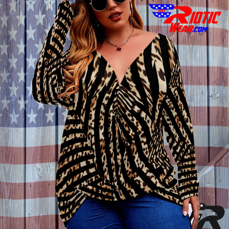 [[ Animal-Print Stripes ]]V-neck Draped Tee w/ Long Sleeve (Beautiful Size)