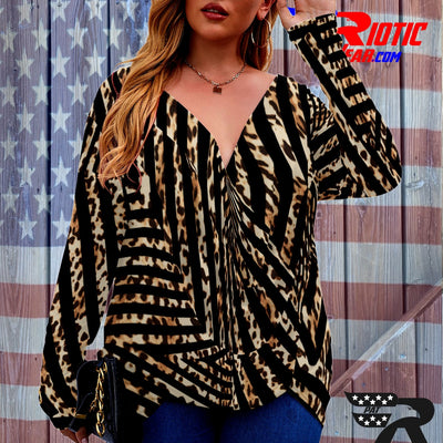 [[ Animal-Print Stripes ]]V-neck Draped Tee w/ Long Sleeve (Beautiful Size)