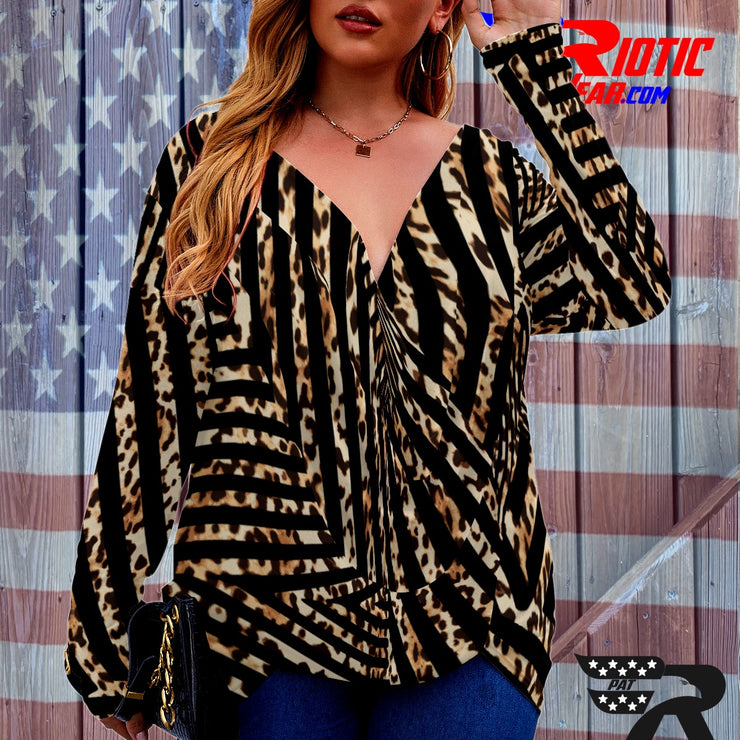 [[ Animal-Print Stripes ]]V-neck Draped Tee w/ Long Sleeve (Beautiful Size)