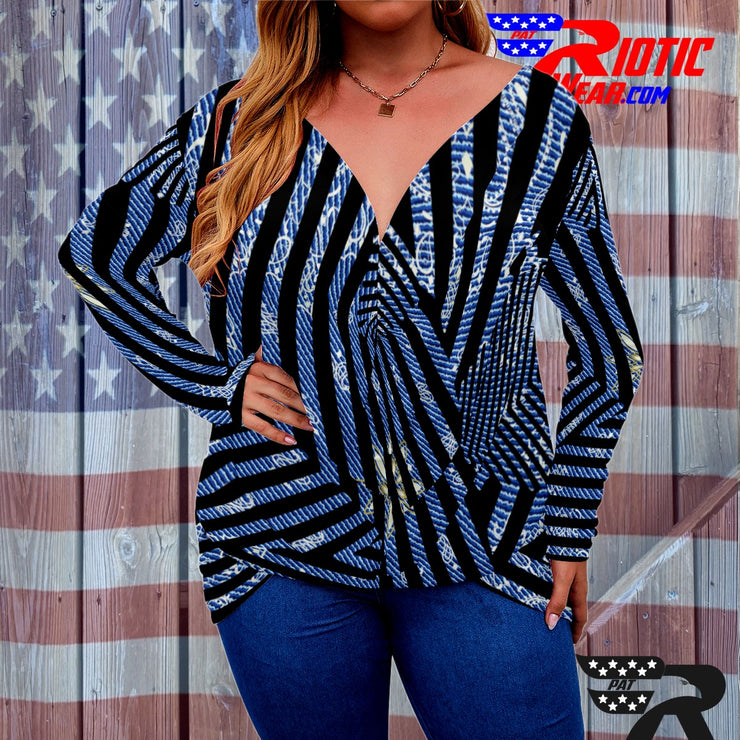 [[ Denim Stripes ]]V-neck Draped Tee w/ Long Sleeve (Beautiful Size)