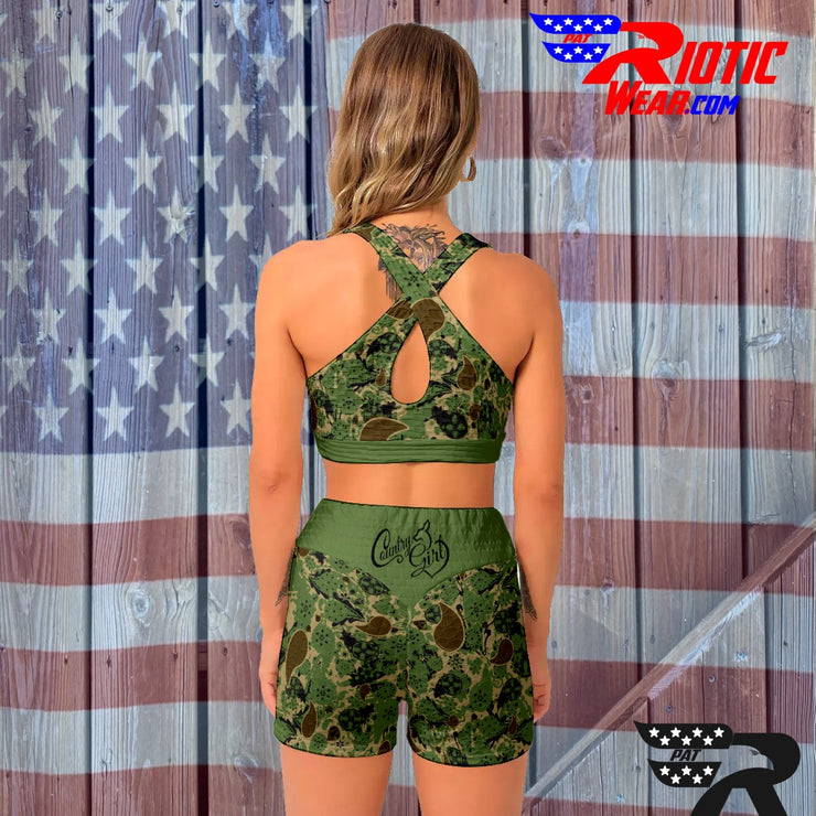 "Camo Paisley" Camo Toad Ladies Sports Bra Suit w/ Shorts