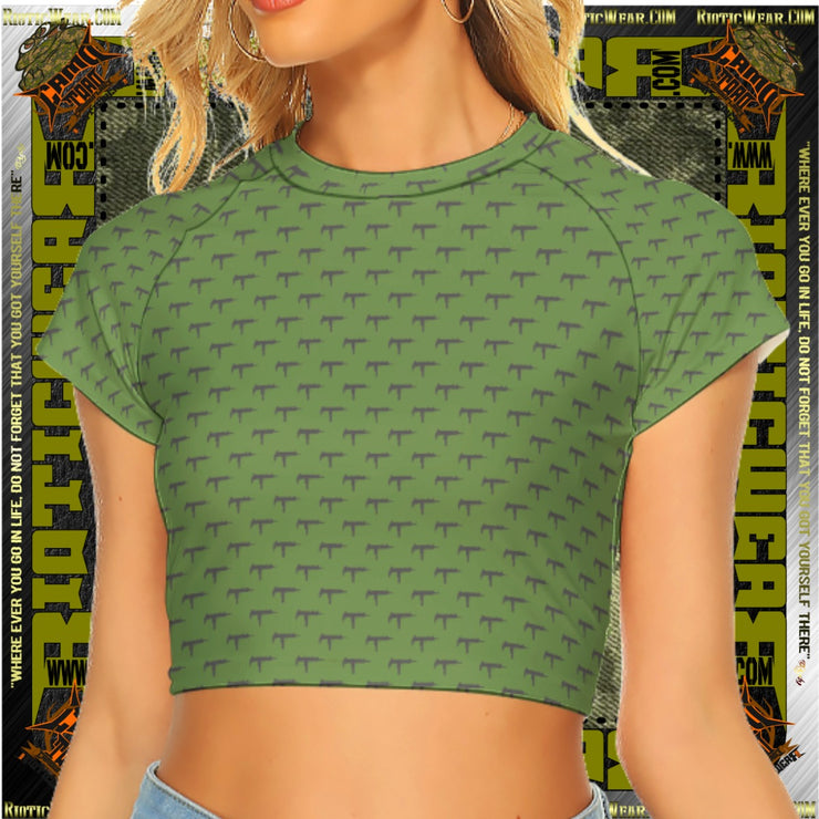 Gun Print Military Green Raglan Cropped Tee
