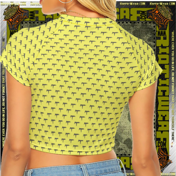 Gun Print Light Yellow Raglan Cropped Tee