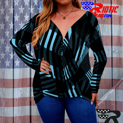 [[ Blue Plaid Stripes ]]V-neck Draped Tee w/ Long Sleeve (Beautiful Size)