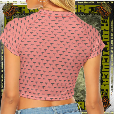 Gun Print Light Pink Raglan Cropped Tee