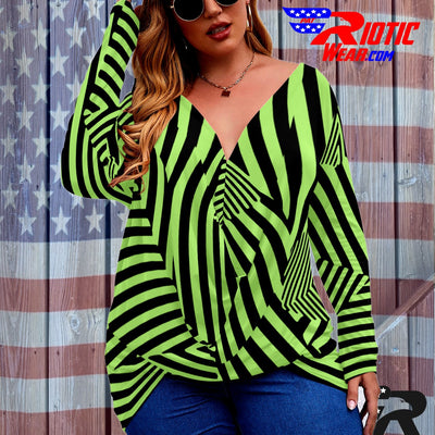 [[ Mint Stripes ]]V-neck Draped Tee w/ Long Sleeve (Beautiful Size)