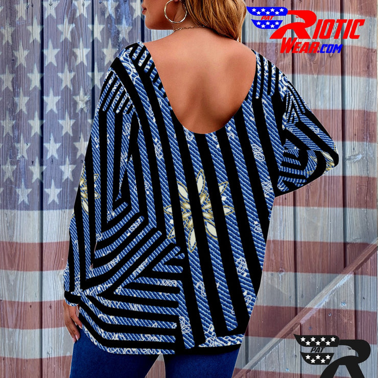 [[ Denim Stripes ]]V-neck Draped Tee w/ Long Sleeve (Beautiful Size)