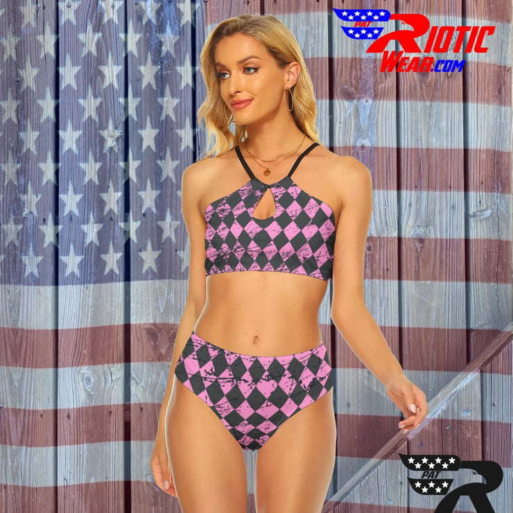[[ Pink Distressed Checkered ]] Cami Keyhole Bikini Set