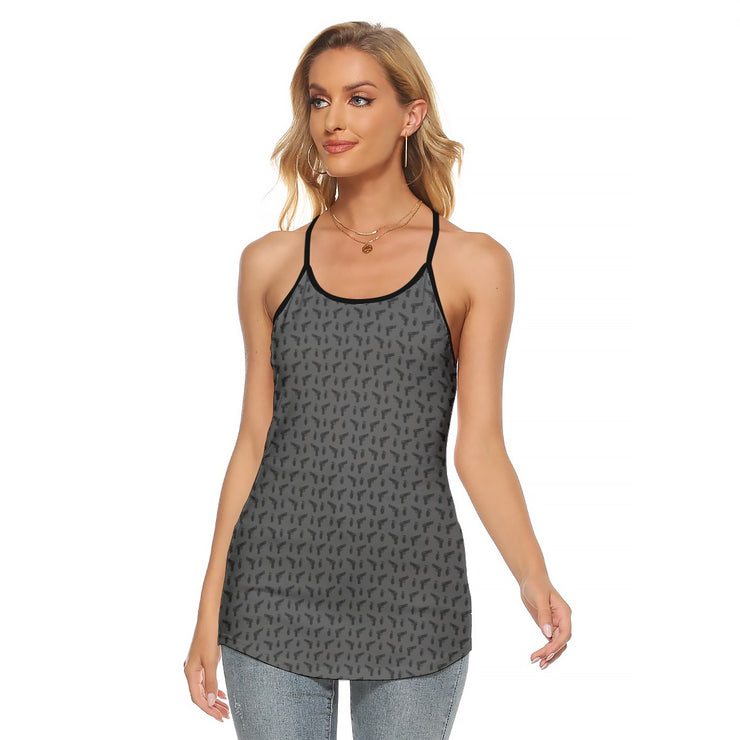 [[ Pistol Print ]] Black/Dark Grey Women's Criss-Cross Open Back Tank Top