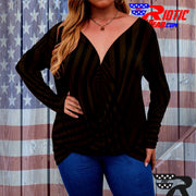 [[ Brown Stripes ]]V-neck Draped Tee w/ Long Sleeve (Beautiful Size)