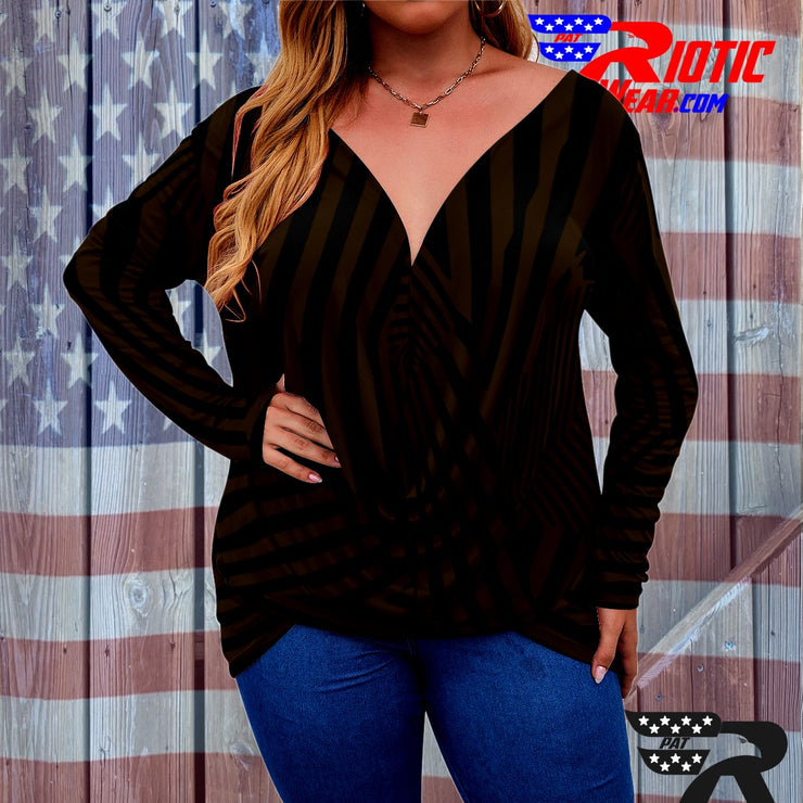 [[ Brown Stripes ]]V-neck Draped Tee w/ Long Sleeve (Beautiful Size)