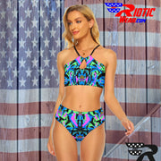 "Dark Blue/Pink/Lime Gun" Camo Toad Cami Keyhole Swimsuit Set