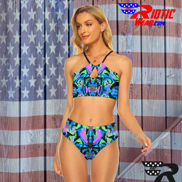 "Dark Blue/Pink/Lime Gun" Camo Toad Cami Keyhole Swimsuit Set