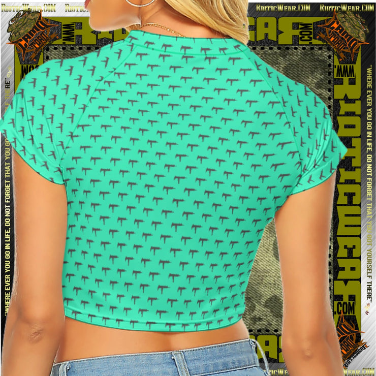 Gun Print Light Blue Raglan Cropped Tee