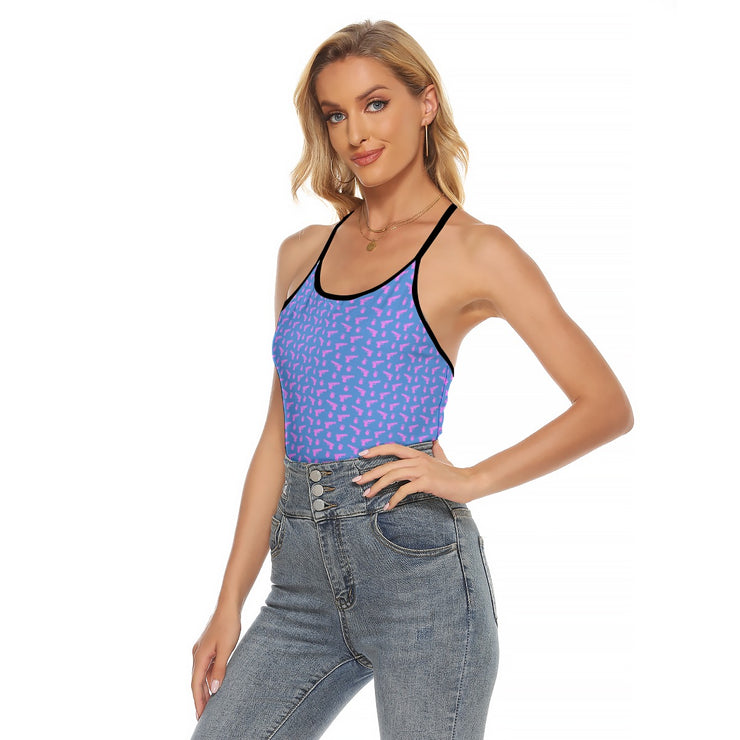 [[ Pistol Print ]] Pink/Blue Women's Criss-Cross Open Back Tank Top