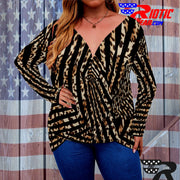 [[ Animal-Print Stripes ]]V-neck Draped Tee w/ Long Sleeve (Beautiful Size)