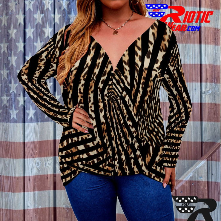 [[ Animal-Print Stripes ]]V-neck Draped Tee w/ Long Sleeve (Beautiful Size)