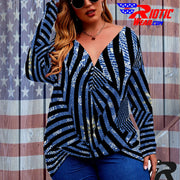 [[ Denim Stripes ]]V-neck Draped Tee w/ Long Sleeve (Beautiful Size)