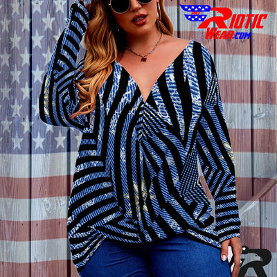 [[ Denim Stripes ]]V-neck Draped Tee w/ Long Sleeve (Beautiful Size)