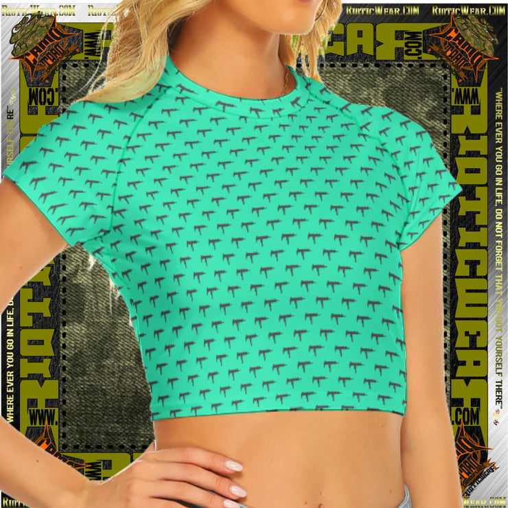 Gun Print Light Blue Raglan Cropped Tee