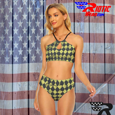 [[ Tan Distressed Checkered ]] Cami Keyhole Bikini Set