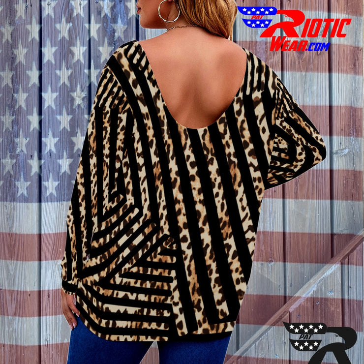 [[ Animal-Print Stripes ]]V-neck Draped Tee w/ Long Sleeve (Beautiful Size)
