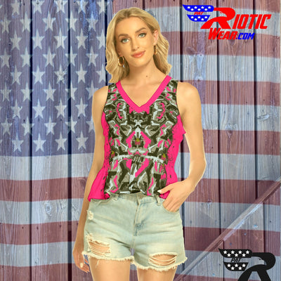 "2-Tone Pink Gun" Camo Toad Lady V-neck Ruffle Hem Blouse