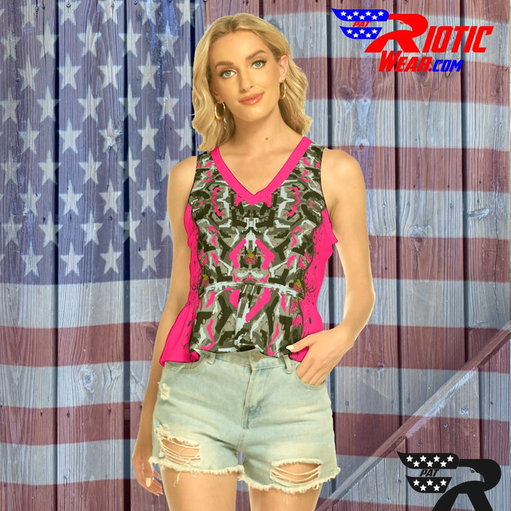 "2-Tone Pink Gun" Camo Toad Lady V-neck Ruffle Hem Blouse