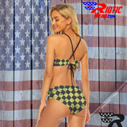 [[ Tan Distressed Checkered ]] Cami Keyhole Bikini Set