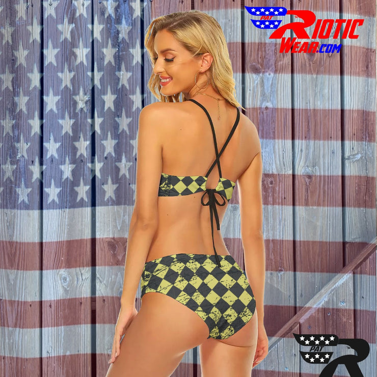 [[ Tan Distressed Checkered ]] Cami Keyhole Bikini Set
