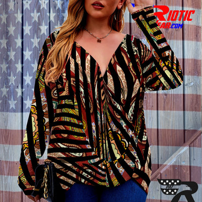 [[ Multi-Color Stripes ]]V-neck Draped Tee w/ Long Sleeve (Beautiful Size)