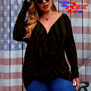 [[ Brown Stripes ]]V-neck Draped Tee w/ Long Sleeve (Beautiful Size)