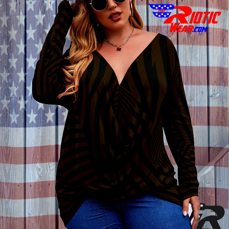 [[ Brown Stripes ]]V-neck Draped Tee w/ Long Sleeve (Beautiful Size)