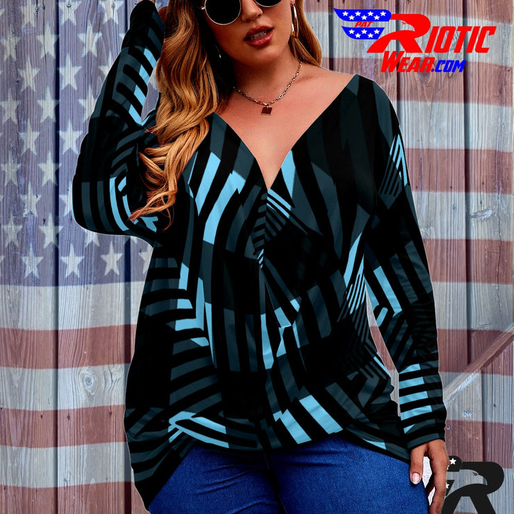 [[ Blue Plaid Stripes ]]V-neck Draped Tee w/ Long Sleeve (Beautiful Size)