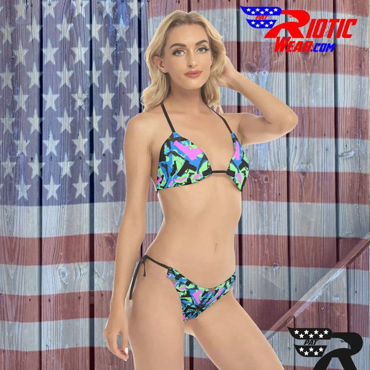 "Dark Blue/Pink/Lime Gun" Camo Toad Sling Bikini Set