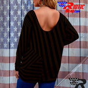 [[ Brown Stripes ]]V-neck Draped Tee w/ Long Sleeve (Beautiful Size)