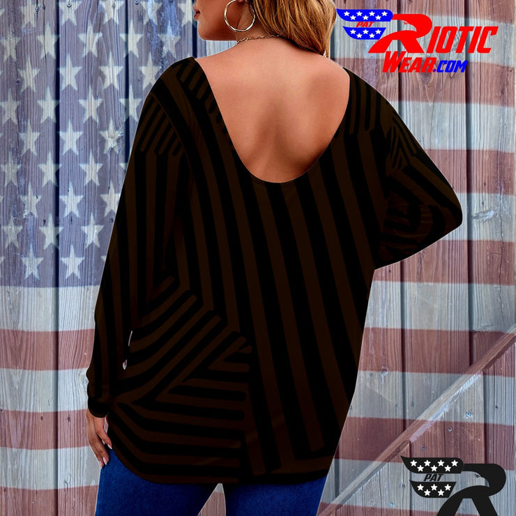 [[ Brown Stripes ]]V-neck Draped Tee w/ Long Sleeve (Beautiful Size)