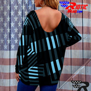 [[ Blue Plaid Stripes ]]V-neck Draped Tee w/ Long Sleeve (Beautiful Size)