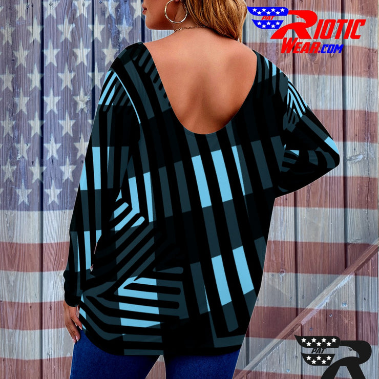 [[ Blue Plaid Stripes ]]V-neck Draped Tee w/ Long Sleeve (Beautiful Size)