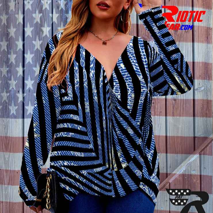 [[ Denim Stripes ]]V-neck Draped Tee w/ Long Sleeve (Beautiful Size)