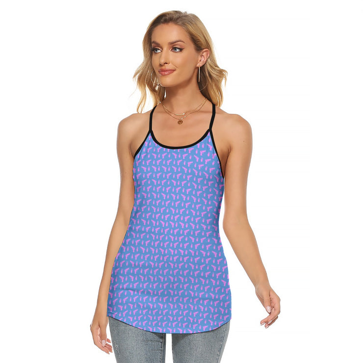 [[ Pistol Print ]] Pink/Blue Women's Criss-Cross Open Back Tank Top