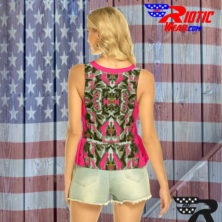 "2-Tone Pink Gun" Camo Toad Lady V-neck Ruffle Hem Blouse