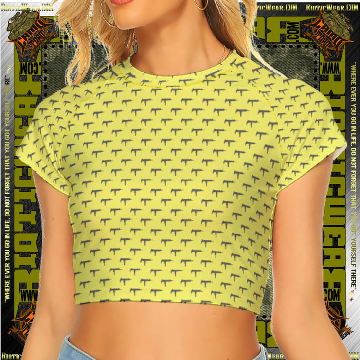 Gun Print Light Yellow Raglan Cropped Tee