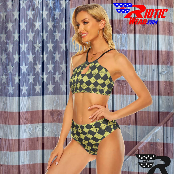 [[ Tan Distressed Checkered ]] Cami Keyhole Bikini Set