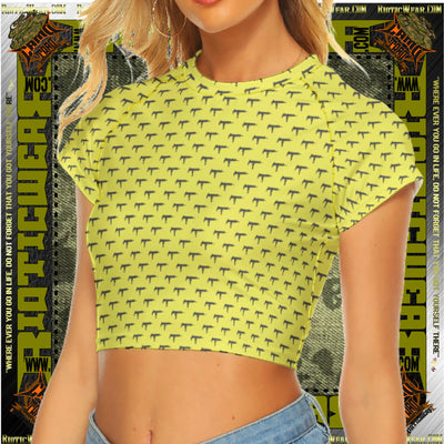 Gun Print Light Yellow Raglan Cropped Tee
