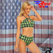 [[ Lime Distressed Checkered ]] Cami Keyhole Bikini Set