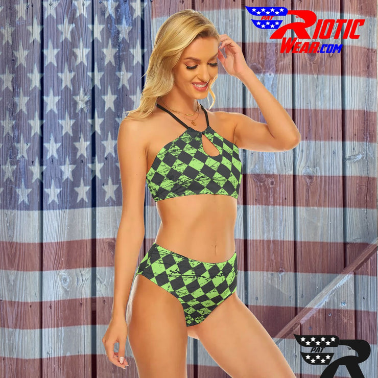 [[ Lime Distressed Checkered ]] Cami Keyhole Bikini Set