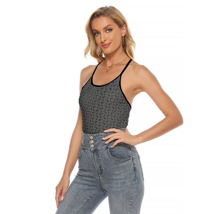 [[ Pistol Print ]] Black/Dark Grey Women's Criss-Cross Open Back Tank Top