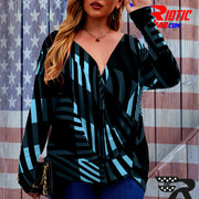 [[ Blue Plaid Stripes ]]V-neck Draped Tee w/ Long Sleeve (Beautiful Size)